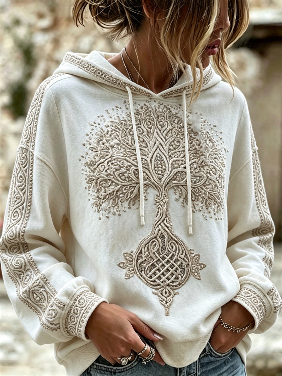 Kvinnlig vintageklassisk vikingtröja med Livets träd och keltiskt knutmönster, mysig hoodie