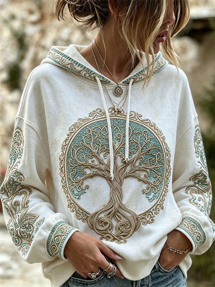 Kvinnlig vintageklassisk vikingtröja med Livets träd och keltiskt knutmönster, mysig hoodie