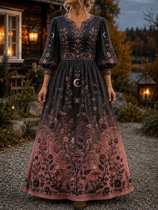Vintagehalloweenklänning för kvinnor i nordiskt blomstermotiv med v-ringning