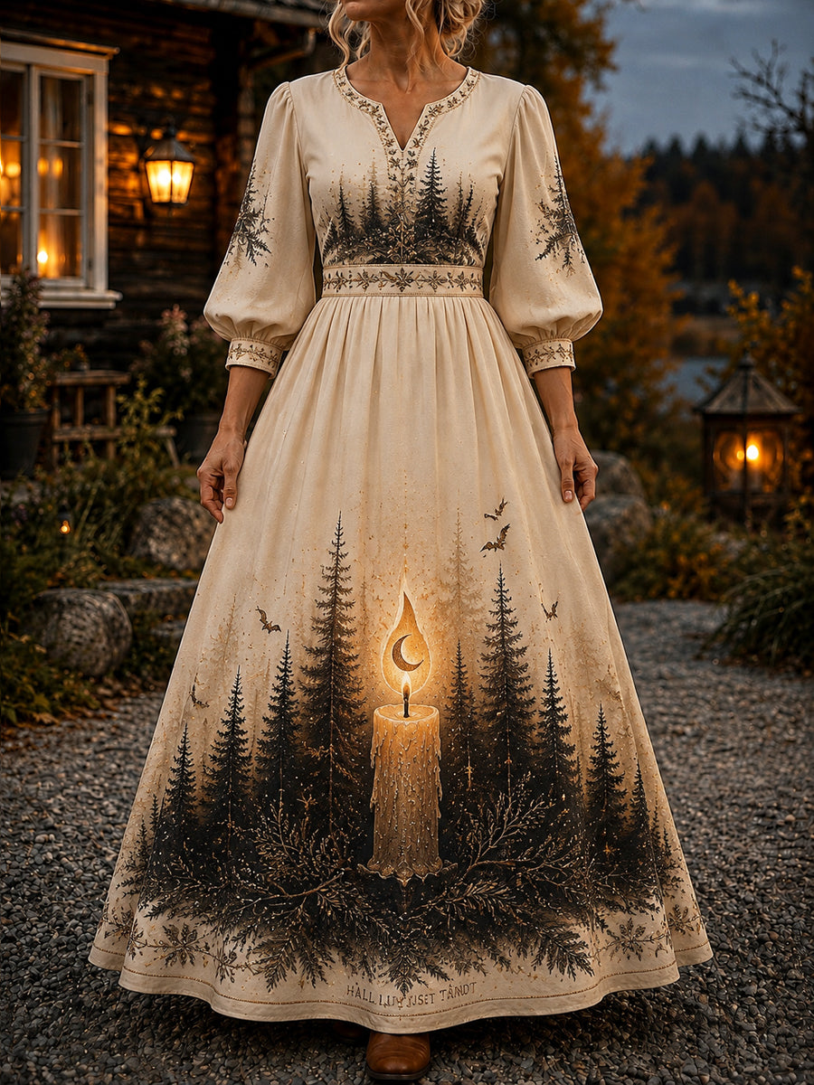 Vintagehalloweenklänning för kvinnor med skogsmotiv vid levande ljus och v-ringning
