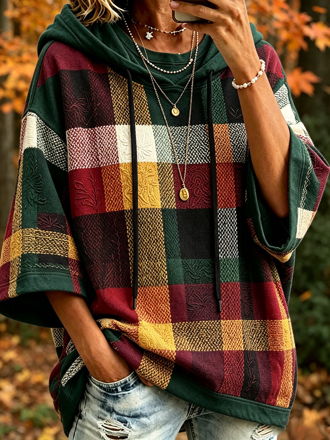 Kvinnors höst plaid färgblockerad design avslappnad hoodie.