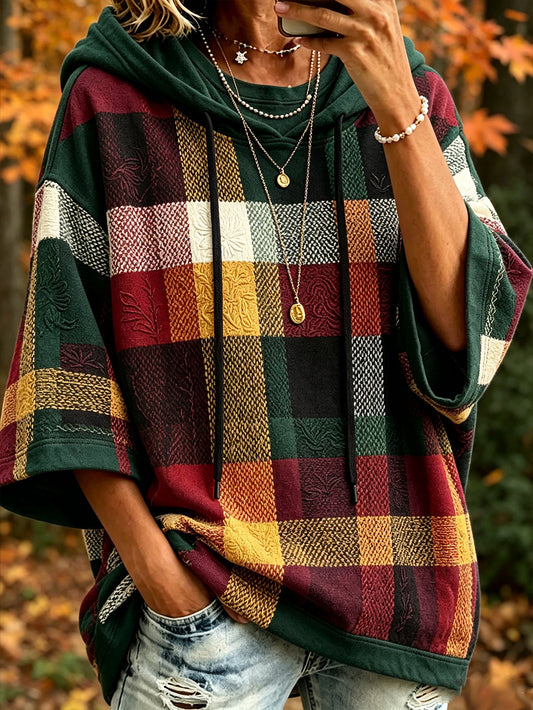 Kvinnors höst plaid färgblockerad design avslappnad hoodie.