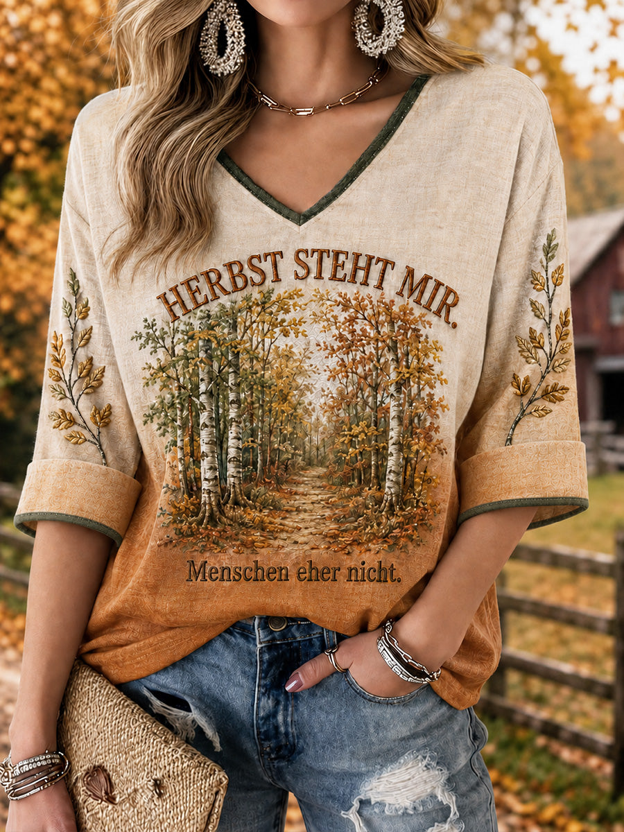 Dammens höststil T-shirt med halvlånga ärmar och v-ringning