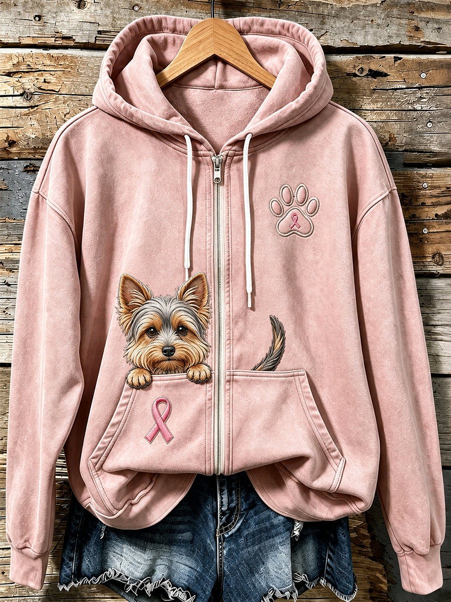 Kvinnors kikande Yorkshire Terrier & Rosa Ribbon Paw Skriv ut Zip-Up Hoodie.