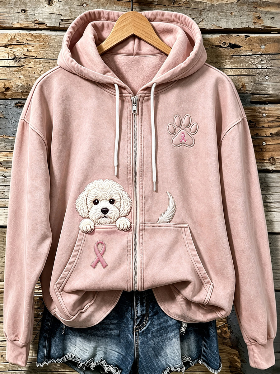 Kvinnors kikande Bichon Frise & Pink Ribbon Paw Print Zip-Up Hoodie
