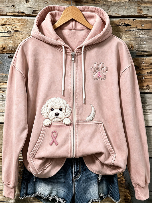 Kvinnors kikande Bichon Frise & Pink Ribbon Paw Print Zip-Up Hoodie