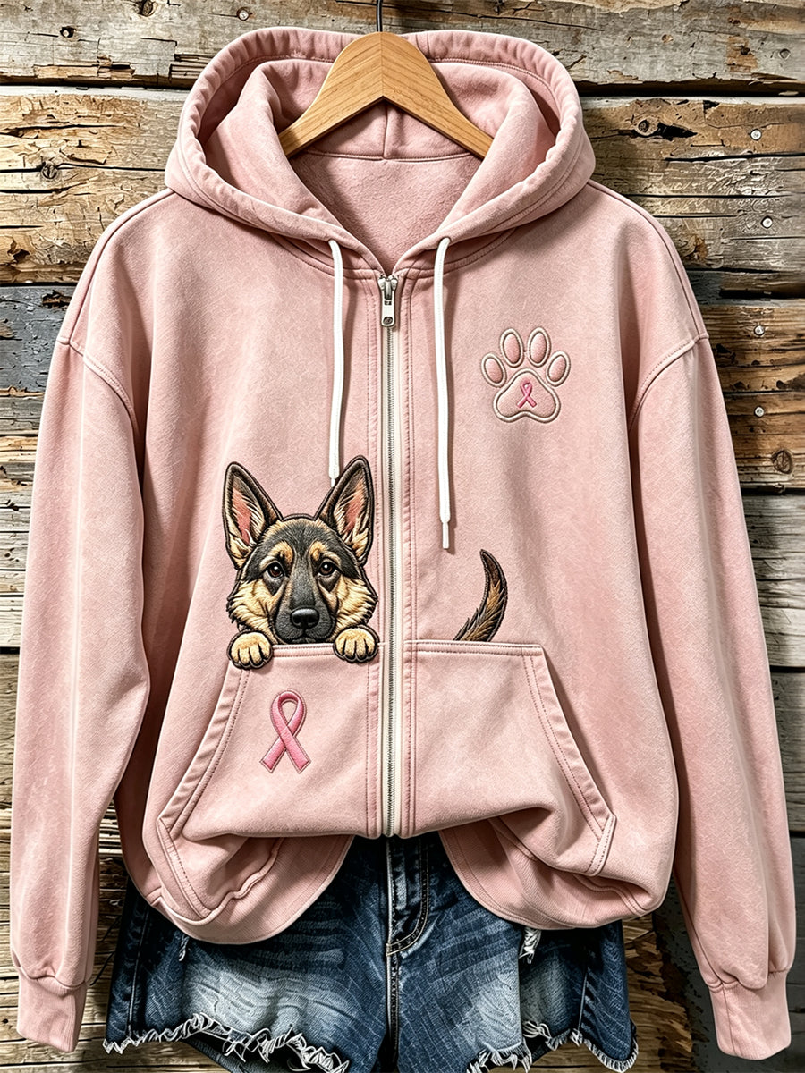 Kvinnors kikande tyska Shepherd & Rosa Ribbon Paw Skriv ut Zip-Up Hoodie Print