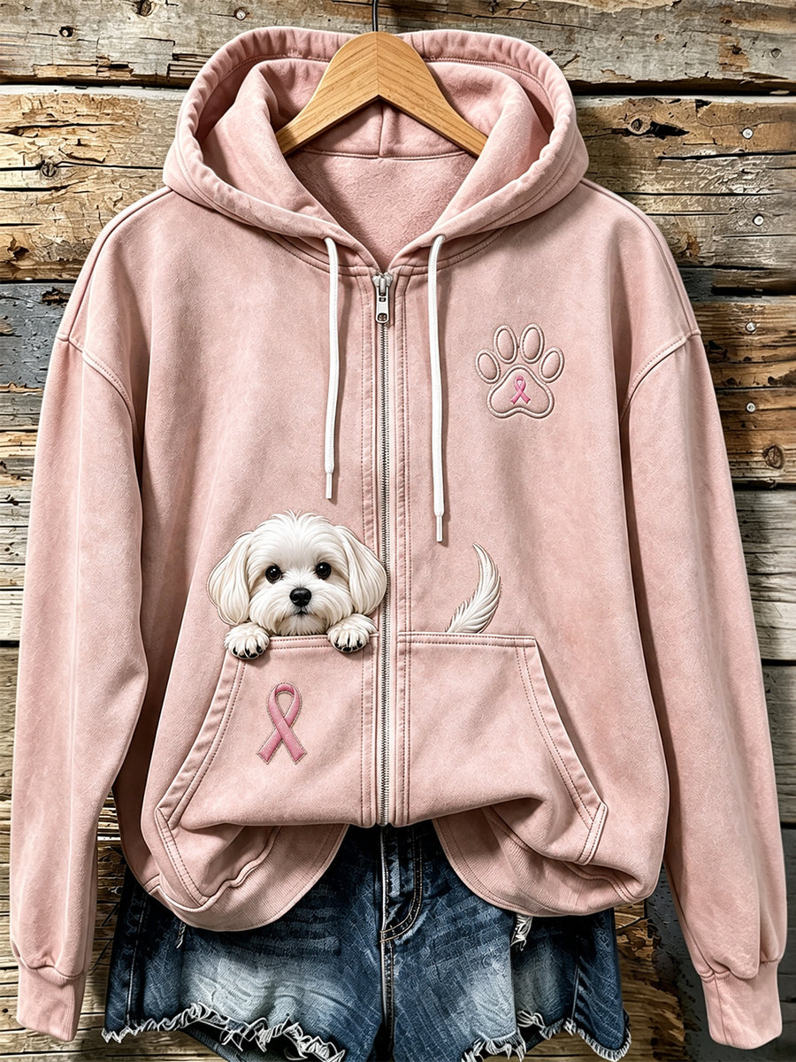 Kvinnors kikande maltesiska hund & rosa Ribbon Paw Skriv ut Zip-Up Hoodie.