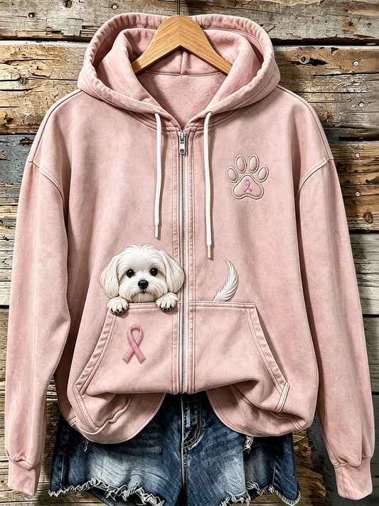 Kvinnors kikande maltesiska hund & rosa Ribbon Paw Skriv ut Zip-Up Hoodie.