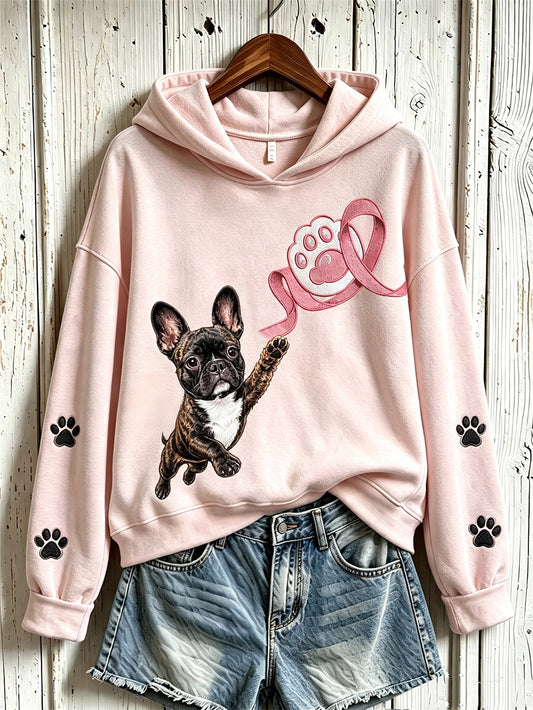 Kvinnlig långärmad sweatshirt med söt hundmönster och temat bröstcancer, i avslappnad stil