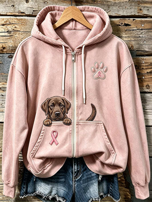 Kvinnors kikande choklad Labrador Retriever & Rosa Ribbon Paw Skriv ut Zip-Up Hoodie Print