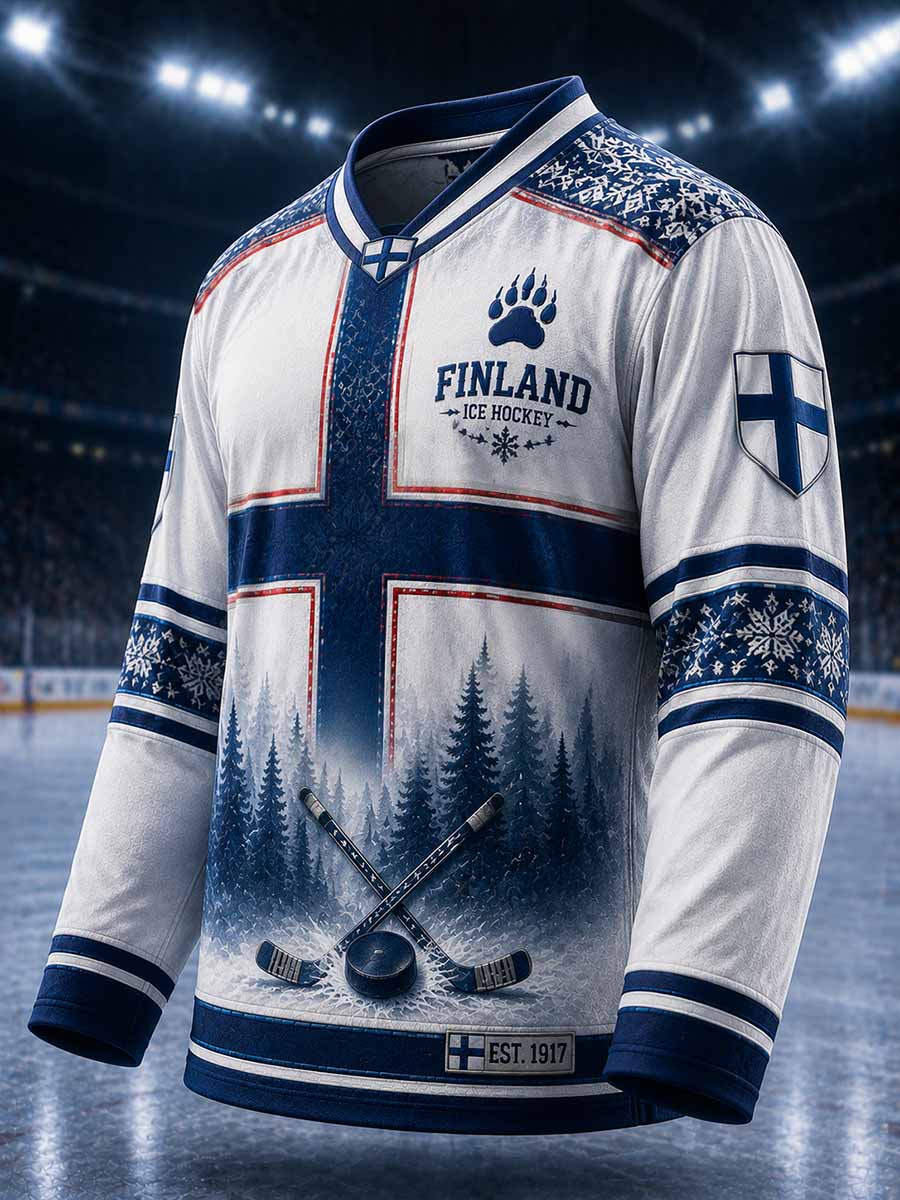 Vintage-långärmad t-shirt för män med finsk ishockeytryck