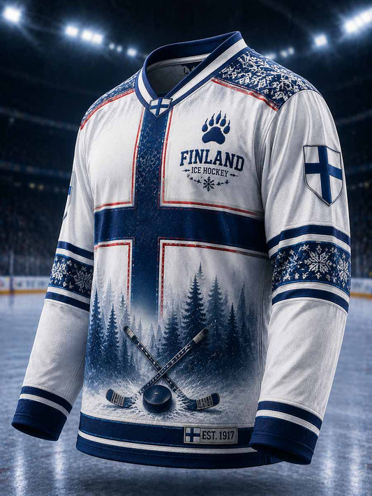 Vintage-långärmad t-shirt för män med finsk ishockeytryck