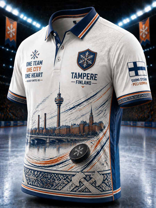 Herrpolotröja i finsk ishockeystil med yxemönster tryckt, Tampere