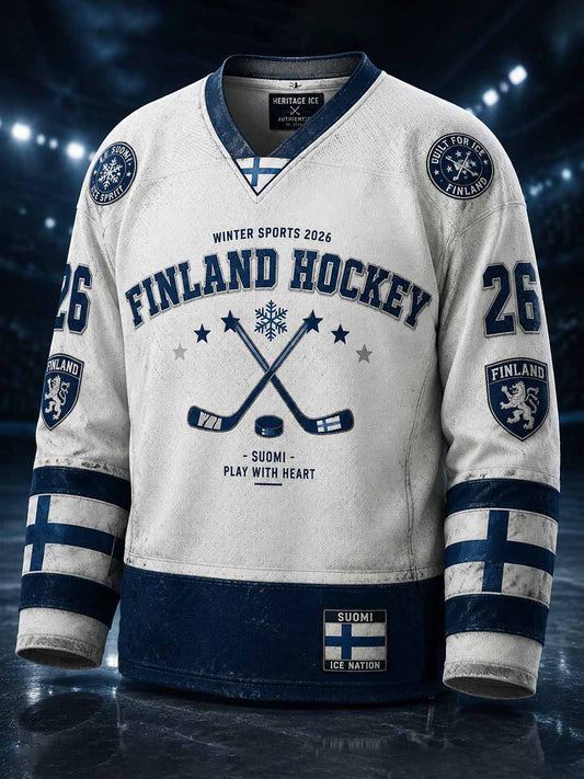 Herrtröja med retrodesign och finsk ishockeygrafik