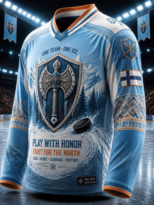 Herrtröja i finsk ishockey med tryckt axmönster från Tampere