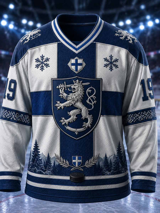 Vintage-långärmad t-shirt för män med finsk ishockeytryck