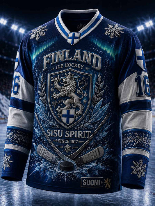 Vintage-långärmad t-shirt för män med finsk ishockeytryck