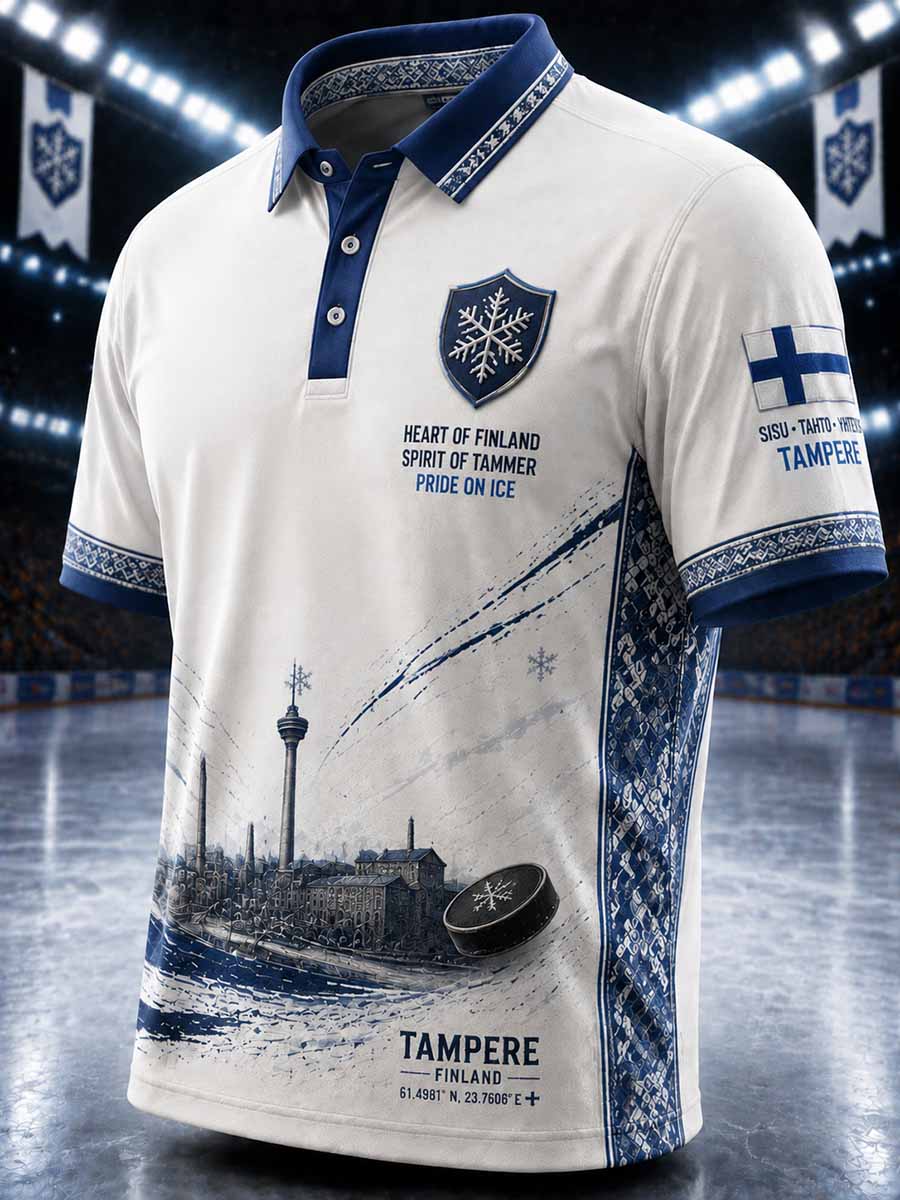 Herrpolotröja i finsk ishockeystil med yxemönster tryckt, Tampere