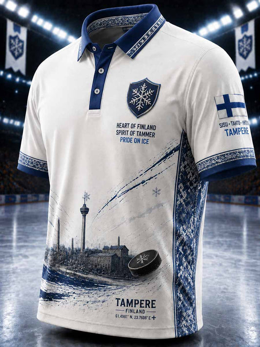 Herrpolotröja i finsk ishockeystil med yxemönster tryckt, Tampere