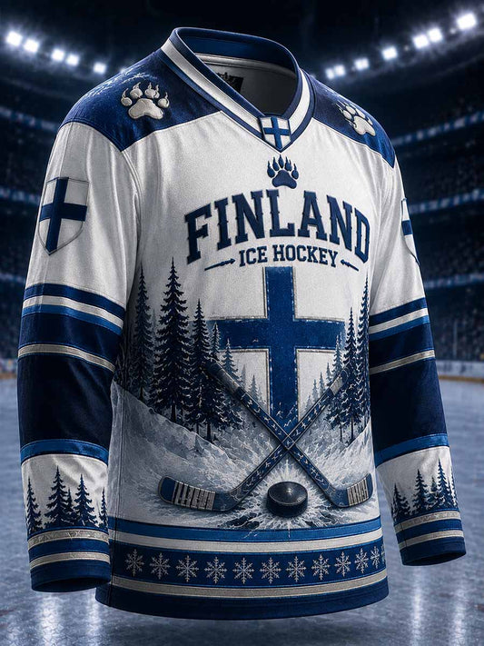Vintage-långärmad t-shirt för män med finsk ishockeytryck