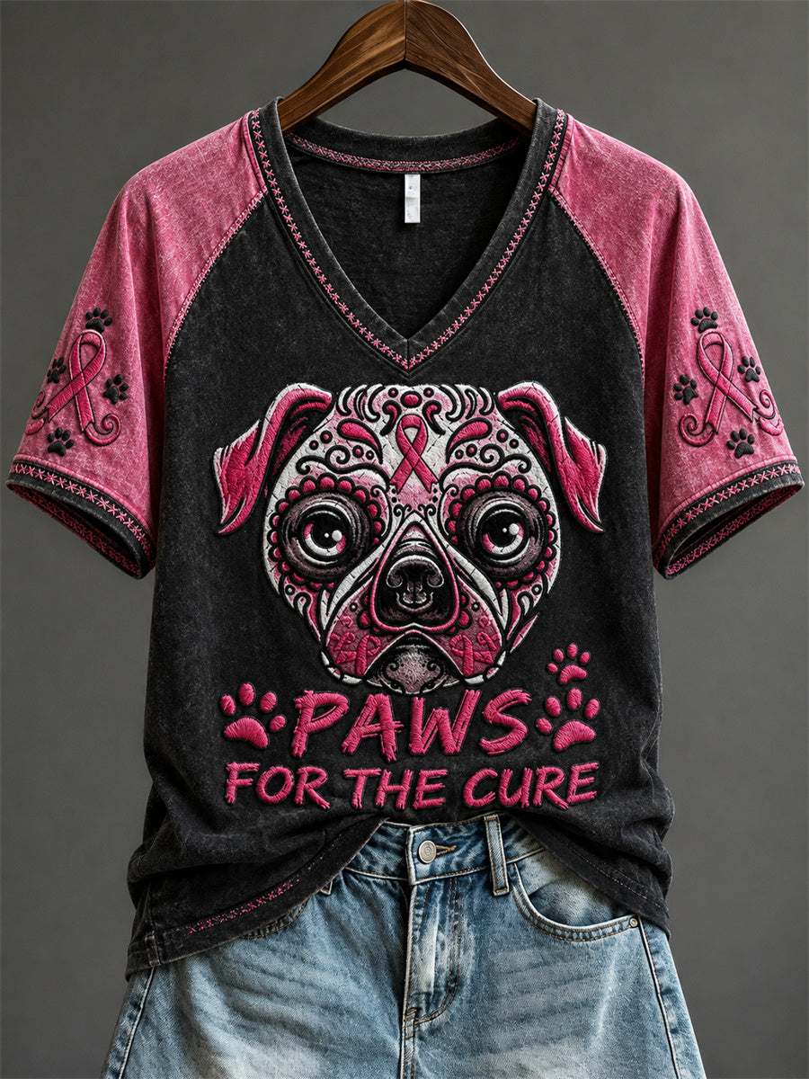 Damer Paws for the Cure bulldogg t-shirt med rosa sockerskalltryck och korta ärmar