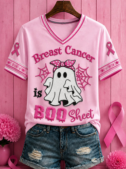 Kvinnors Halloween Bröstcancer Rosa blommor Tryckt V-hals T-shirt