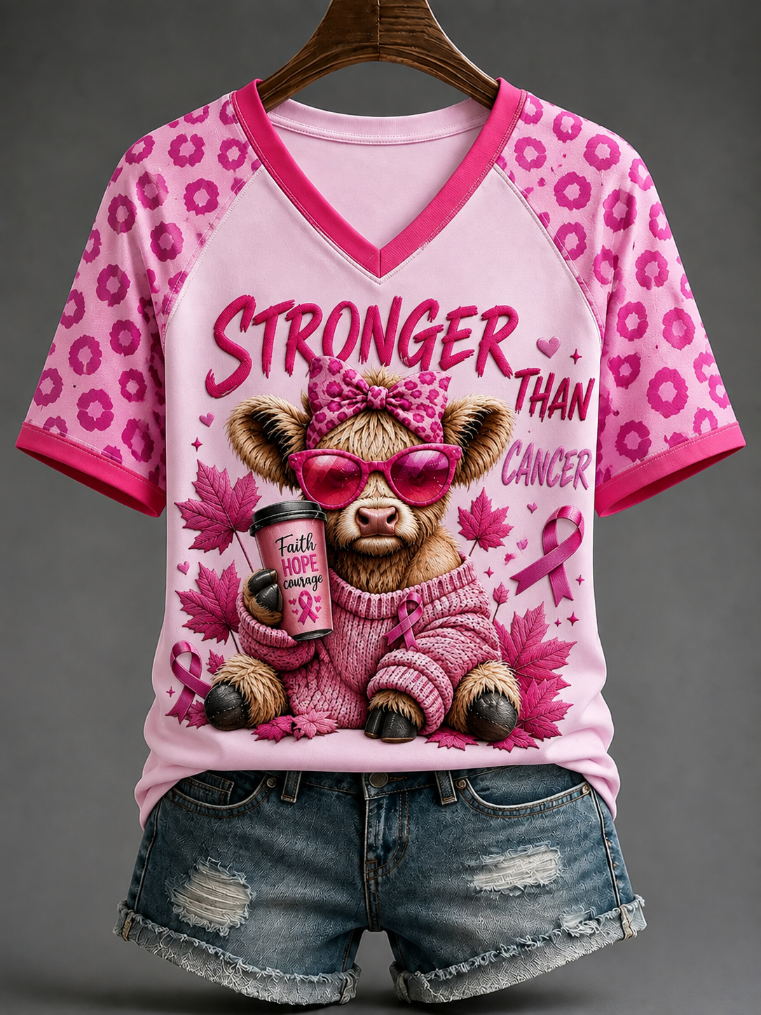Kvinnlig T-shirt med V-ringning och off-shoulder, korta ärmar – Starkare än cancer