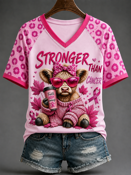 Kvinnlig T-shirt med V-ringning och off-shoulder, korta ärmar – Starkare än cancer
