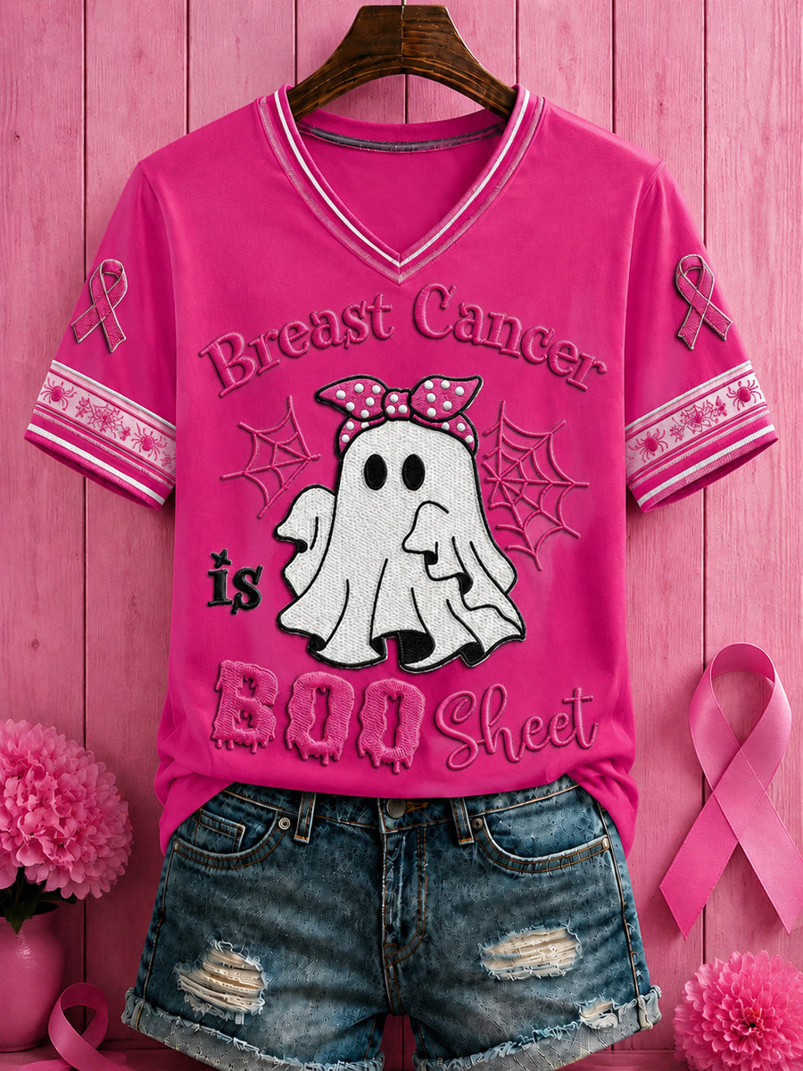 Kvinnors Halloween Bröstcancer Rosa blommor Tryckt V-hals T-shirt
