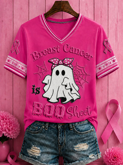 Kvinnors Halloween Bröstcancer Rosa blommor Tryckt V-hals T-shirt