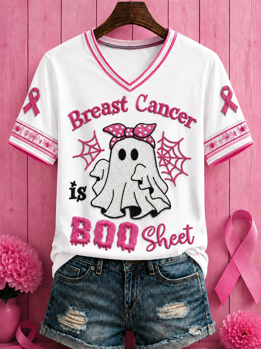 Kvinnors Halloween Bröstcancer Rosa blommor Tryckt V-hals T-shirt