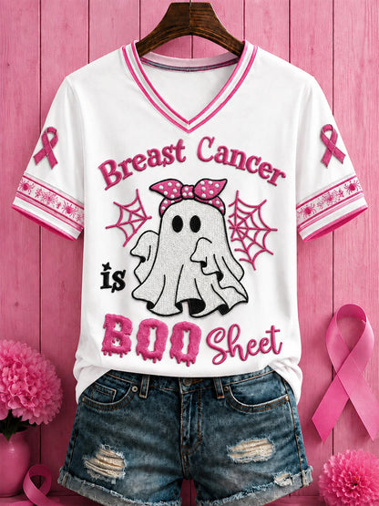 Kvinnors Halloween Bröstcancer Rosa blommor Tryckt V-hals T-shirt