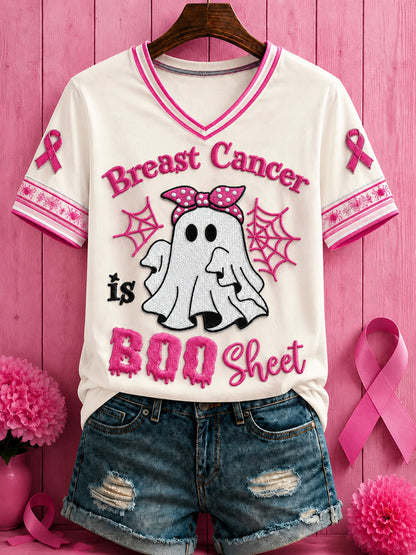 Kvinnors Halloween Bröstcancer Rosa blommor Tryckt V-hals T-shirt