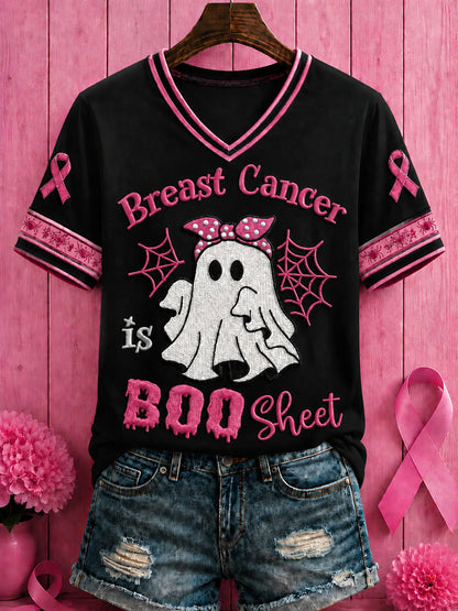 Kvinnors Halloween Bröstcancer Rosa blommor Tryckt V-hals T-shirt