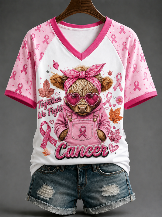 Dammens Tillsammans Kampar Vi Mot Cancer V-ringning axelbandslös kortärmad t-shirt