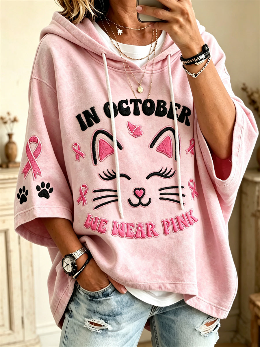 Kvinnors I oktober bär vi rosa Lovely Cat Face-print midjelång ärm oversize-hoodie