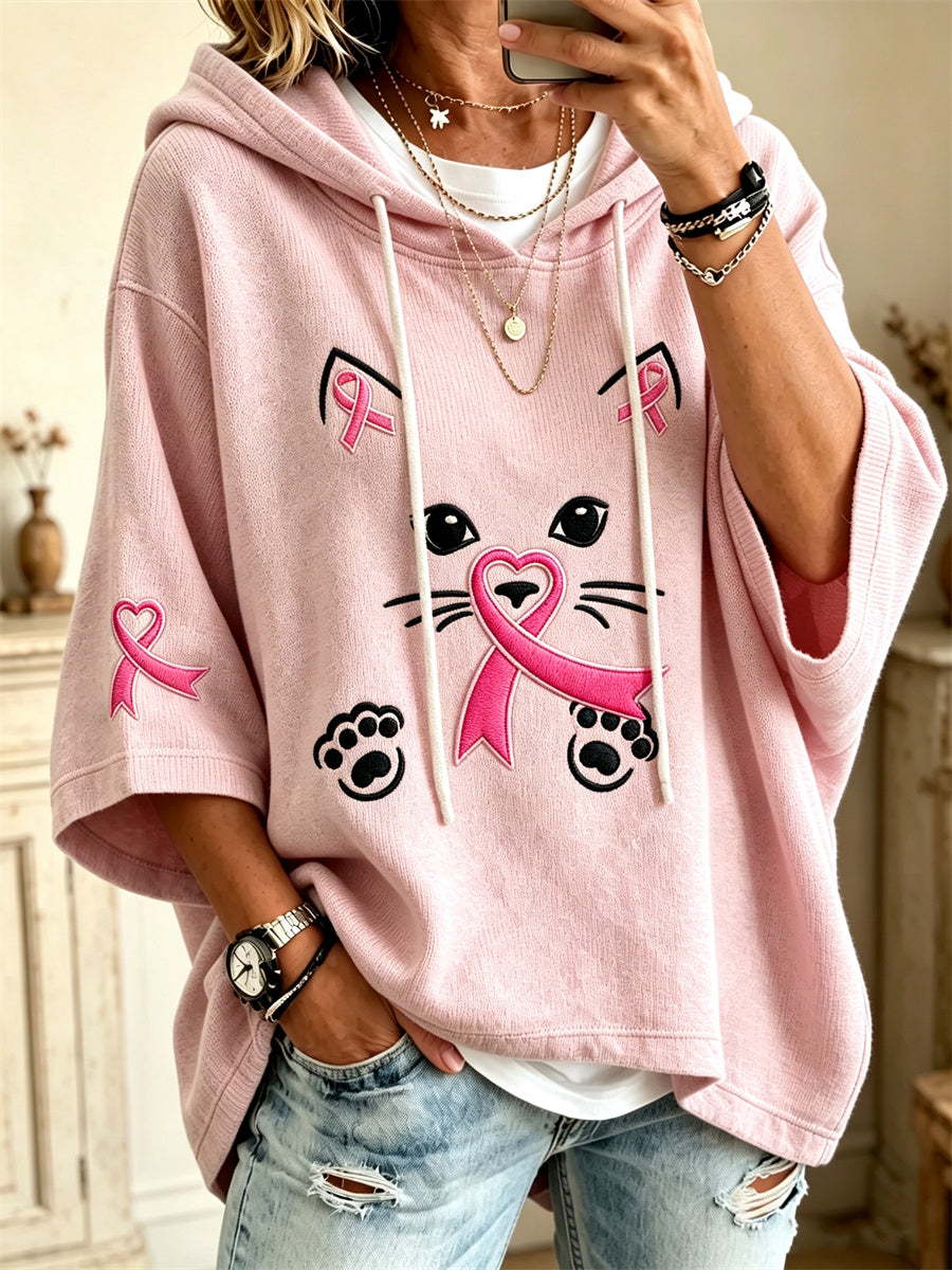Dams överskotts-hoodie med söt kattansikts- och rosa band-print, halvlång ärm