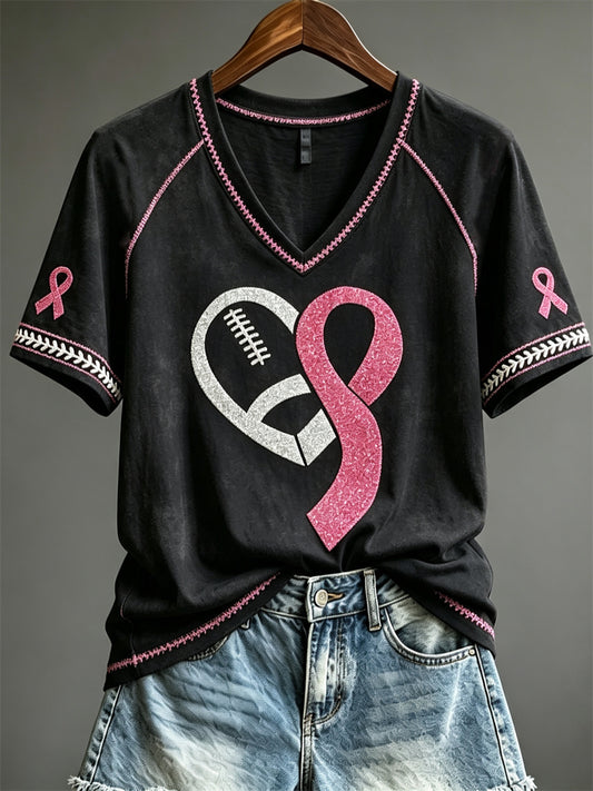 Damer Rosa band Fotboll Hjärta Glittertryck kortärmad t-shirt