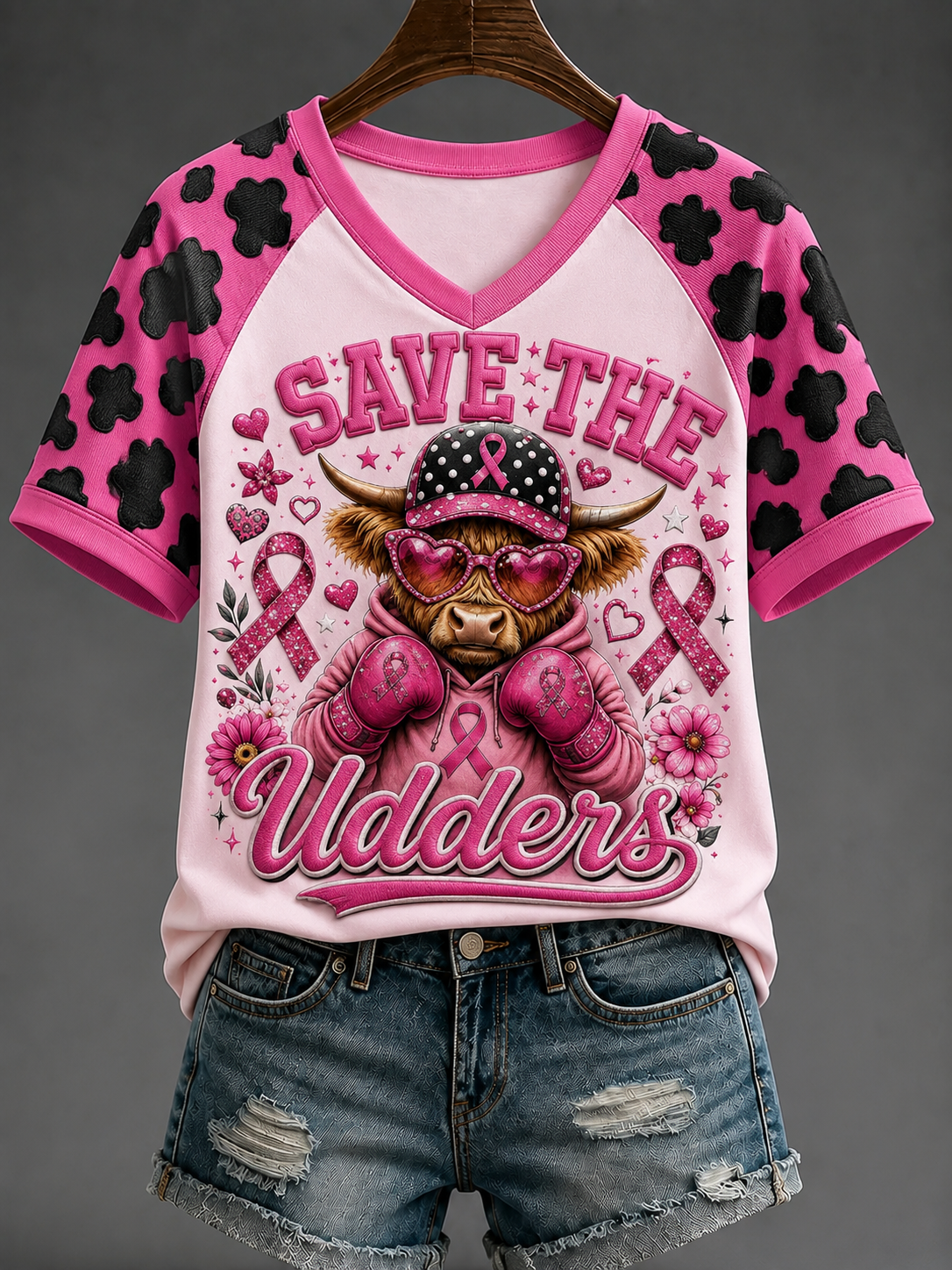 Kvinnlig T-shirt med U-formad halsringning, axellös design och korta ärmar från Save The Udders