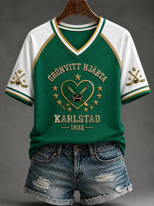 Karlstad Grönt hjärta Hockeysläkt V-ringad T-shirt