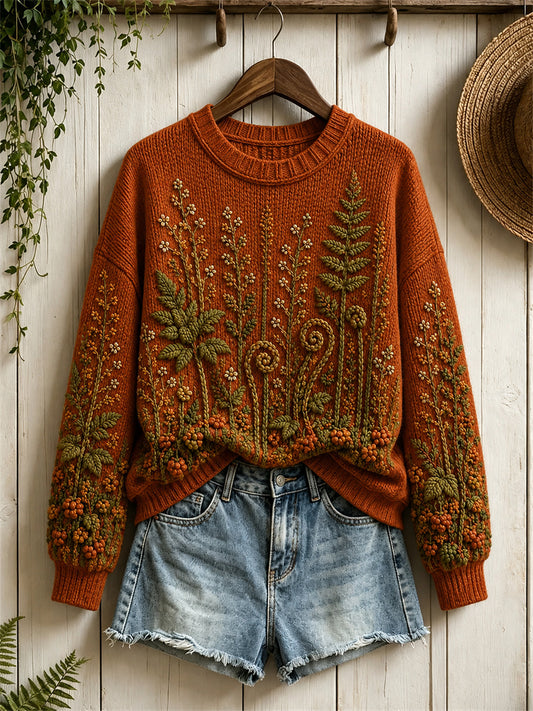 Kvinnors Vintage Forest Fall Bär & Fern Floral Print besättning hals tröjar