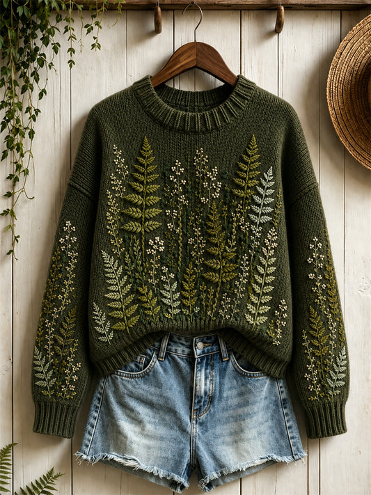 Kvinnors Vintage Forest Fern Floral Print besättning hals tröjar