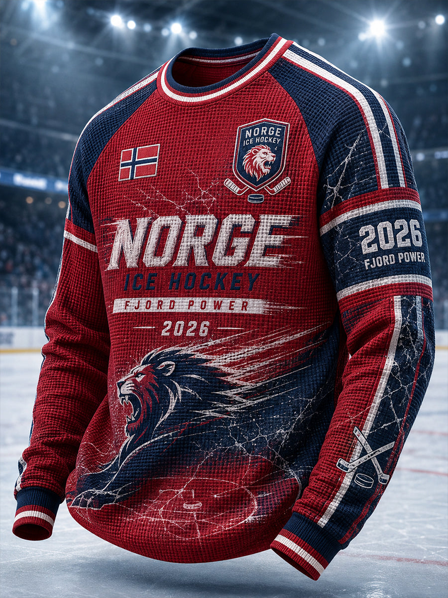 Manströja i våffelstickning med långa raglanärmar och tryck med ishockeytema