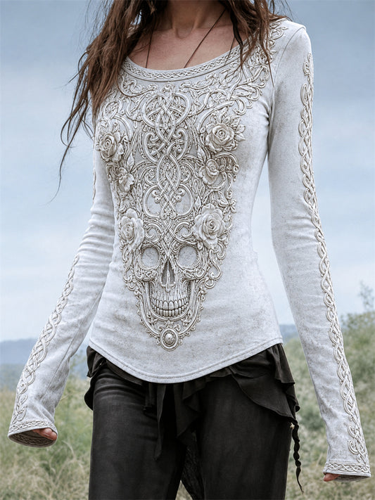 Damer Elegant keltiskt dödskalle- och rosor-mönster vikingakeltisk knutmönstrad t-shirt med rund halsringning och lång ärm
