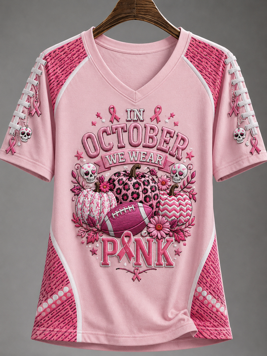 Kvinnors t-shirt i oktober där vi bär rosa