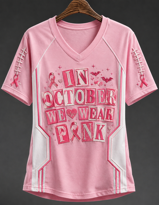 Kvinnor i oktober bär vi rosa T-shirt