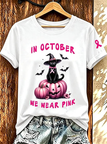 Kvinnors I oktober bär vi rosa T-shirt med korta ärmarna