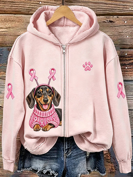 Kvinnors söta hund mönster tryckt Casual Zip-Up Hoodie.