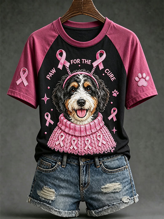 Kvinnors bröstcancer tema söt hund mönster tryckt avslappnad kort ärm T-shirt